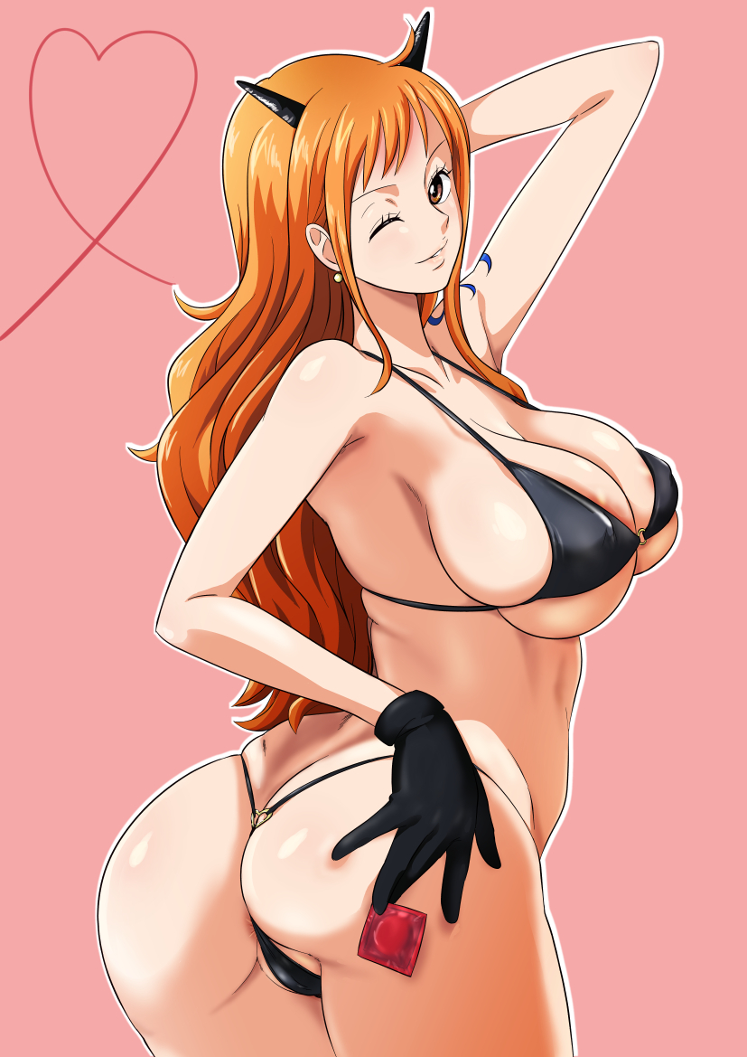 1girls, arm tattoo, beast pirates (cosplay), big breasts, blue tattoo, breasts, brown eyes, condom, female, female only, long hair, mature female, minpei ichigo, nami (one piece), one piece, orange hair, orange-haired female, solo, solo female, solo focus, tattoo