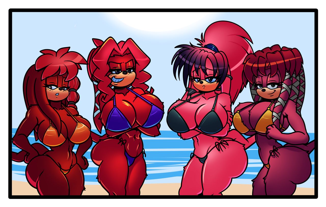 4girls alternate_breast_size anthro arm_under_breasts arms_under_breasts beach big_breasts bikini breasts echidna female female_only huge_ass huge_breasts julie-su lara-le lara-su large_breasts lien-da multiple_girls seductive sega smile sonic_(series) sonic_the_hedgehog_(archie) swimsuit thick_thighs turboranger water