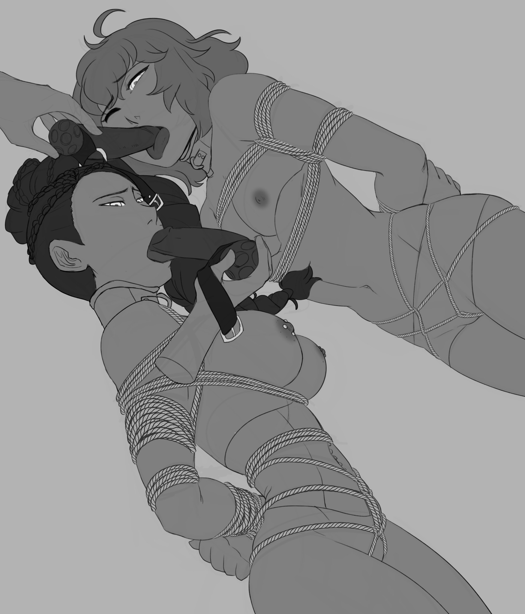 2girls, arms behind back, bdsm, bernadetta von varley, black and white, bondage, breasts, collar, crotch rope, dark skin, dark-skinned female, dildo gag, dildo in mouth, faceless male, female, femsub, fire emblem, fire emblem: three houses, gag, greyscale, half-closed eyes, hands behind back, male, male hand, monochrome, multiple females, multiple girls, multiple subs, my pet tentacle monster, nipple piercing, nipples, nude, nude female, one eye closed, panties, petra macneary, piercing, rope, tied up, tongue, tongue out, undressing
