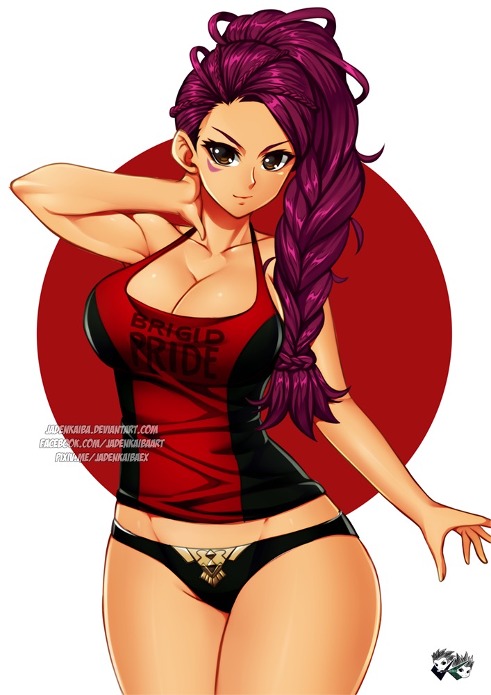 1girls, alternate costume, big breasts, black panties, braided ponytail, breasts, cleavage, dark skin, dark-skinned female, english text, facial mark, facial markings, female, fire emblem, fire emblem: three houses, huge breasts, jadenkaiba, large breasts, long hair, markings, muscular, muscular female, nintendo, pale skin, panties, petra macneary, purple hair, tank top, text, thick hips, thick thighs, thighs, underwear, wide hips