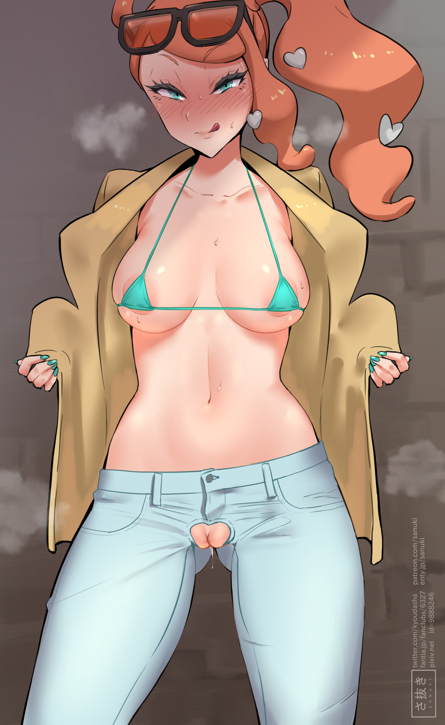alternate breast size, aqua eyes, archway of venus, areola slip, areolae, bikini top, blush, breasts, breath, clavicle, cleft of venus, crotch cutout, female, female only, glasses on head, hair ornament, heart hair ornament, high resolution, human, innie pussy, jacket, jeans, labia, labia majora, large breasts, licking lips, long hair, looking at viewer, megane, navel, nintendo, open clothes, open jacket, orange hair, painted fingernails, pokemon, pokemon ss, ponytail, presenting, presenting breasts, presenting vagina, pussy, raised eyebrows, sanuki (kyoudashya), seductive look, solo, solo female, sonia (pokemon), sweat, tied hair, tongue, tongue out, vaginal juices