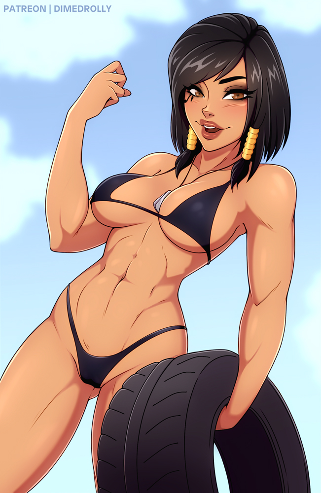 1girls abs big_breasts bikini black_hair breasts brown_eyes cleavage dimedrolly dog_tags female female_only fit fit_female large_breasts looking_at_viewer muscular_female overwatch pharah short_hair solo thong tire