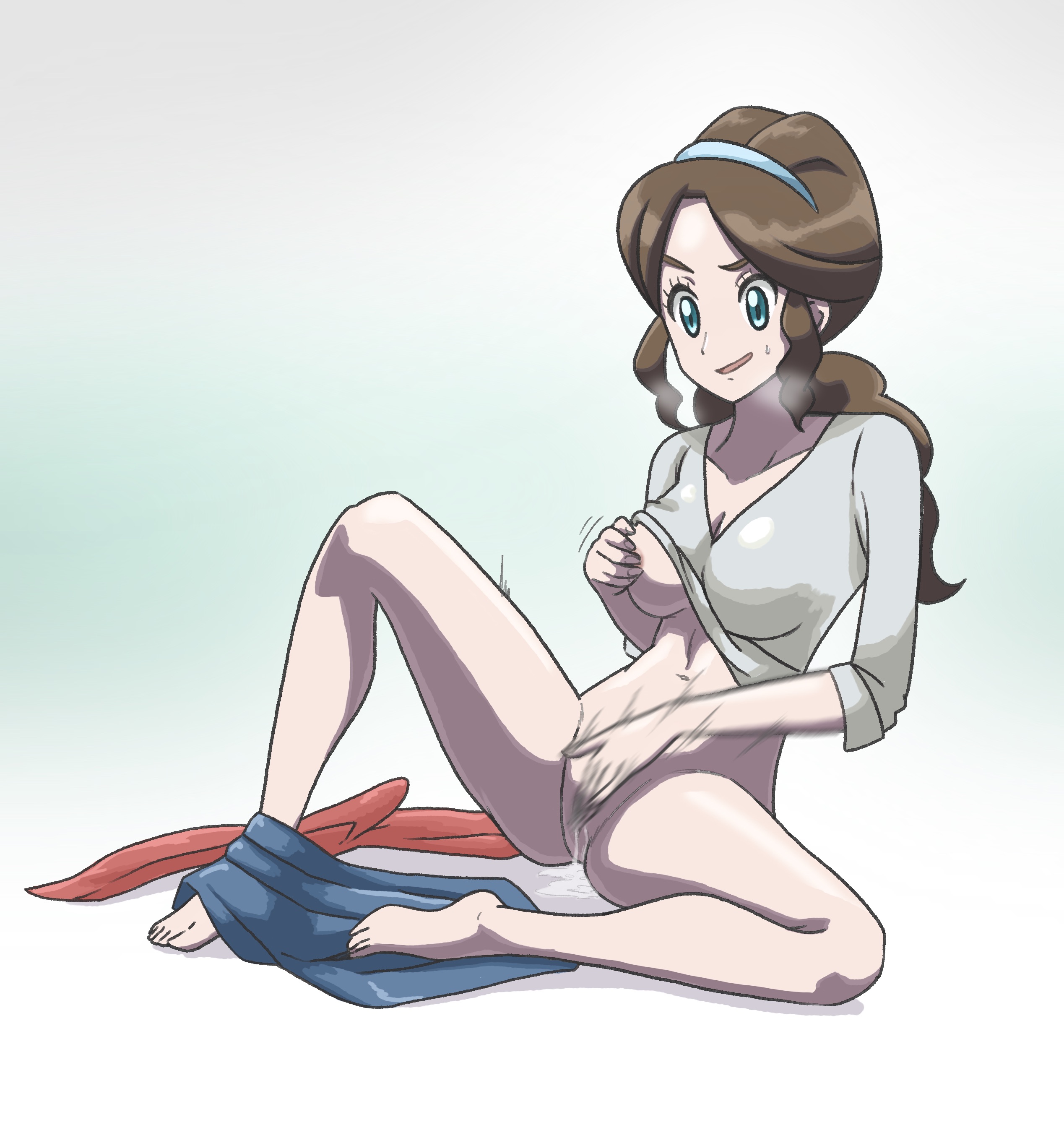 1girls, blue eyes, bottomless, breasts, brown hair, female, hairband, human, konomiminoko, light skin, light-skinned female, long hair, masturbation, mature female, medium breasts, milf, mother, mother (pokemon bw), nintendo, pale skin, pale-skinned female, partially clothed, pokemon, pokemon bw, shirt lift, thighs