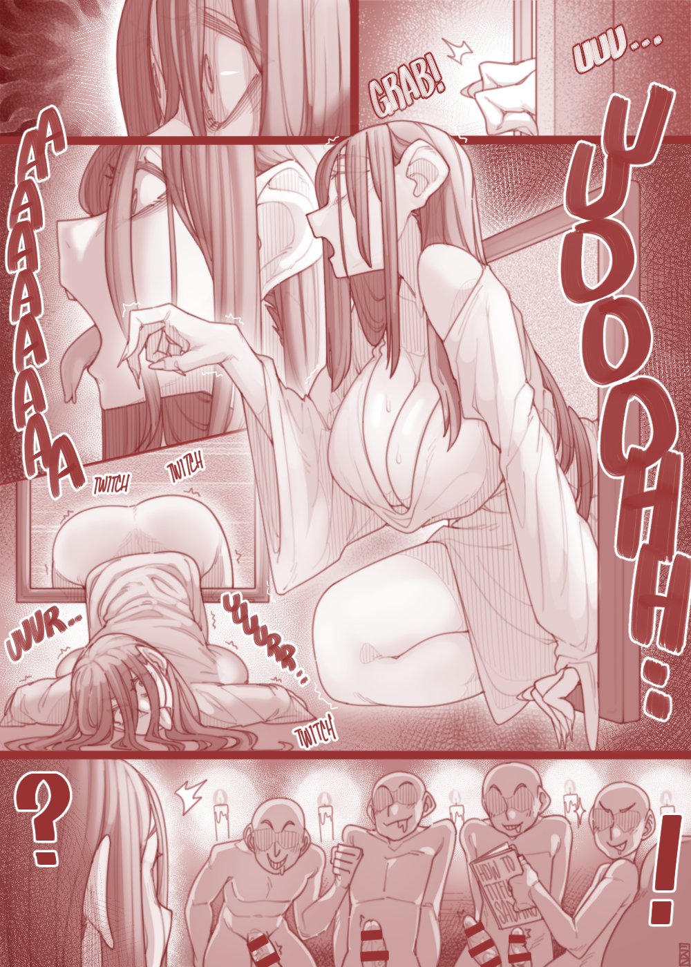 ?, 1girls, 4boys, big breasts, breasts, candles, censored penis, comic, ekz, english text, erection, female, holding book, huge breasts, imminent rape, male, monochrome, penis, text, the ring, yamamura sadako, you gonna get raped