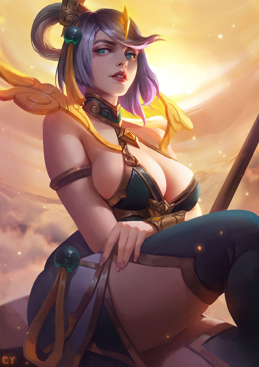 1girls big_breasts blue_eyes eyes hair_ornament league_of_legends lipstick lunar_empress_lux lunar_new_year lunar_revel_series luxanna_crownguard short_hair