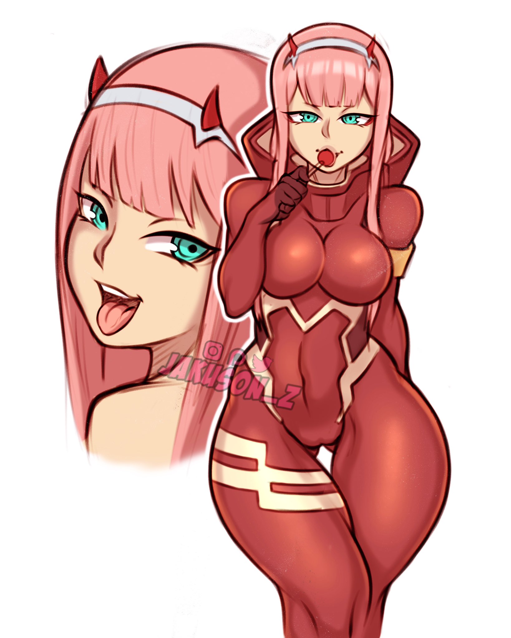 1girls, 2020, abs, aqua eyes, big breasts, bodysuit, breasts, curvy figure, darling in the franxx, female, horns, jakuson z, large breasts, light skin, light-skinned female, long hair, pale skin, pale-skinned female, pink hair, thick thighs, thighs, tongue, tongue out, watermark, wide hips, zero two (darling in the franxx)