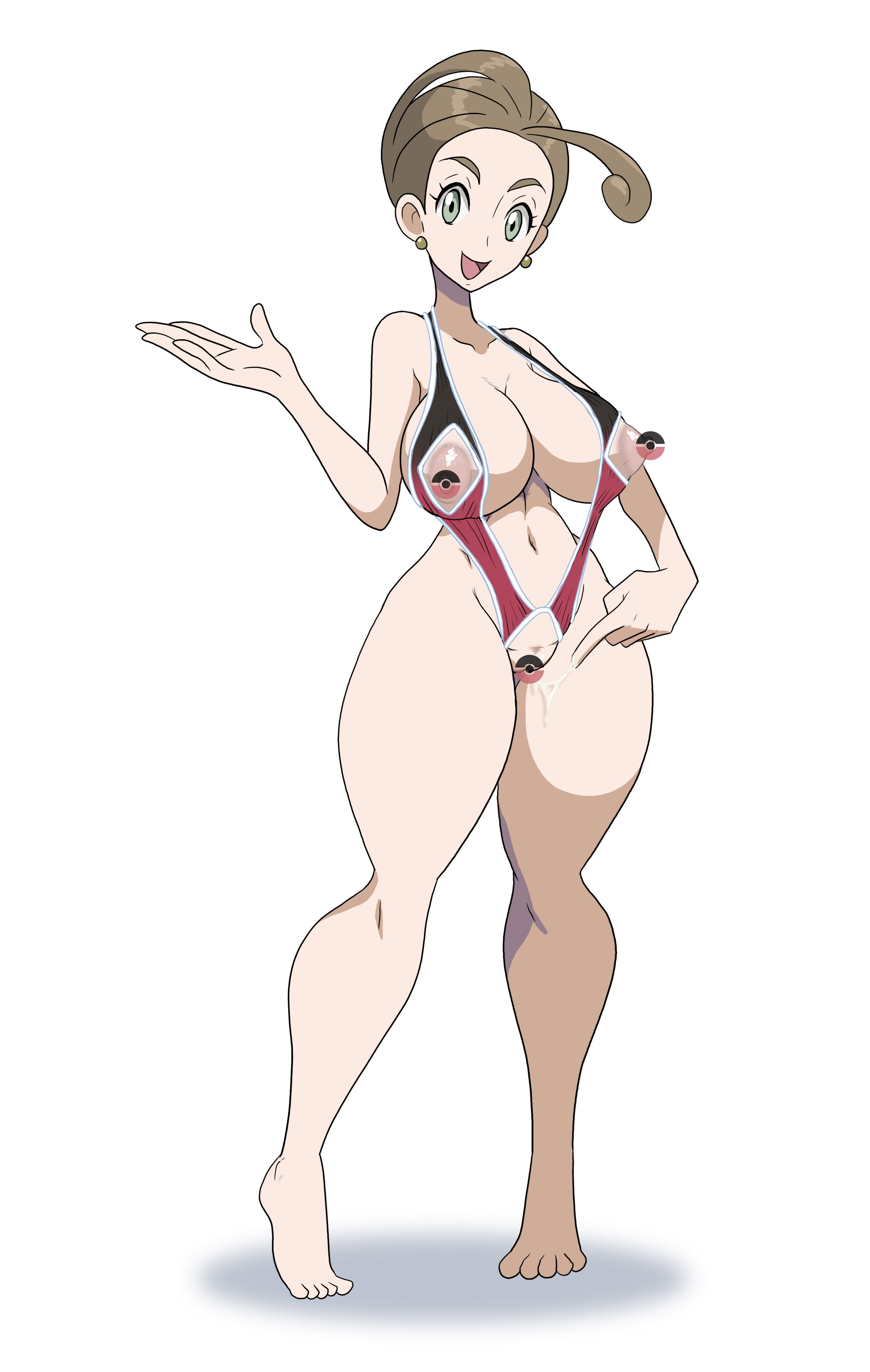 1girls, alexa (pokemon), breasts, censored, clothing, female, female only, game freak, human, innie pussy, looking at viewer, mostly nude, nintendo, pokemon, pokemon xy, pussy, riffsandskulls, short hair, simple background, sling bikini, white background