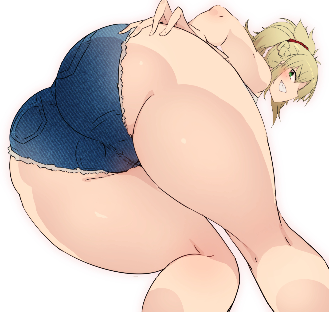 1girls, ass, big ass, blonde hair, blush, crop top, denim shorts, fate (series), fate/grand order, female, female only, green eyes, hand on ass, mordred (fate), ponytail, posing, pov, red ribbon, short jeans, smirk, smirking, white background
