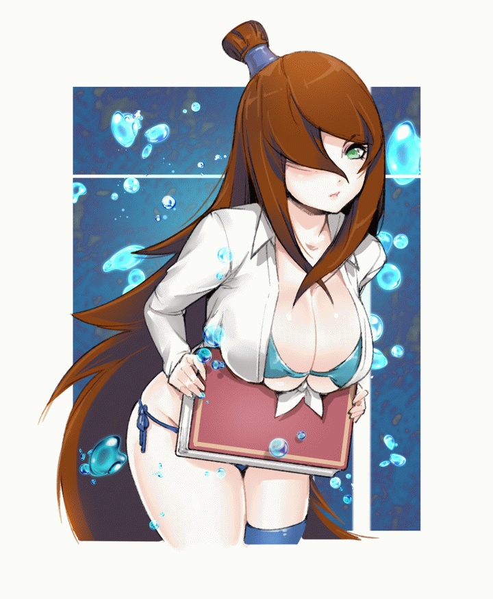 1girls, big breasts, bikini, book, breasts, brown hair, brown-haired female, cleavage, female, female only, green eyes, hair over one eye, holding object, large breasts, long hair, mei terumi, naruto, naruto (series), naruto shippuden, open shirt, relaxjon, shirt, stocking, tied hair, topknot, very long hair, wide hips