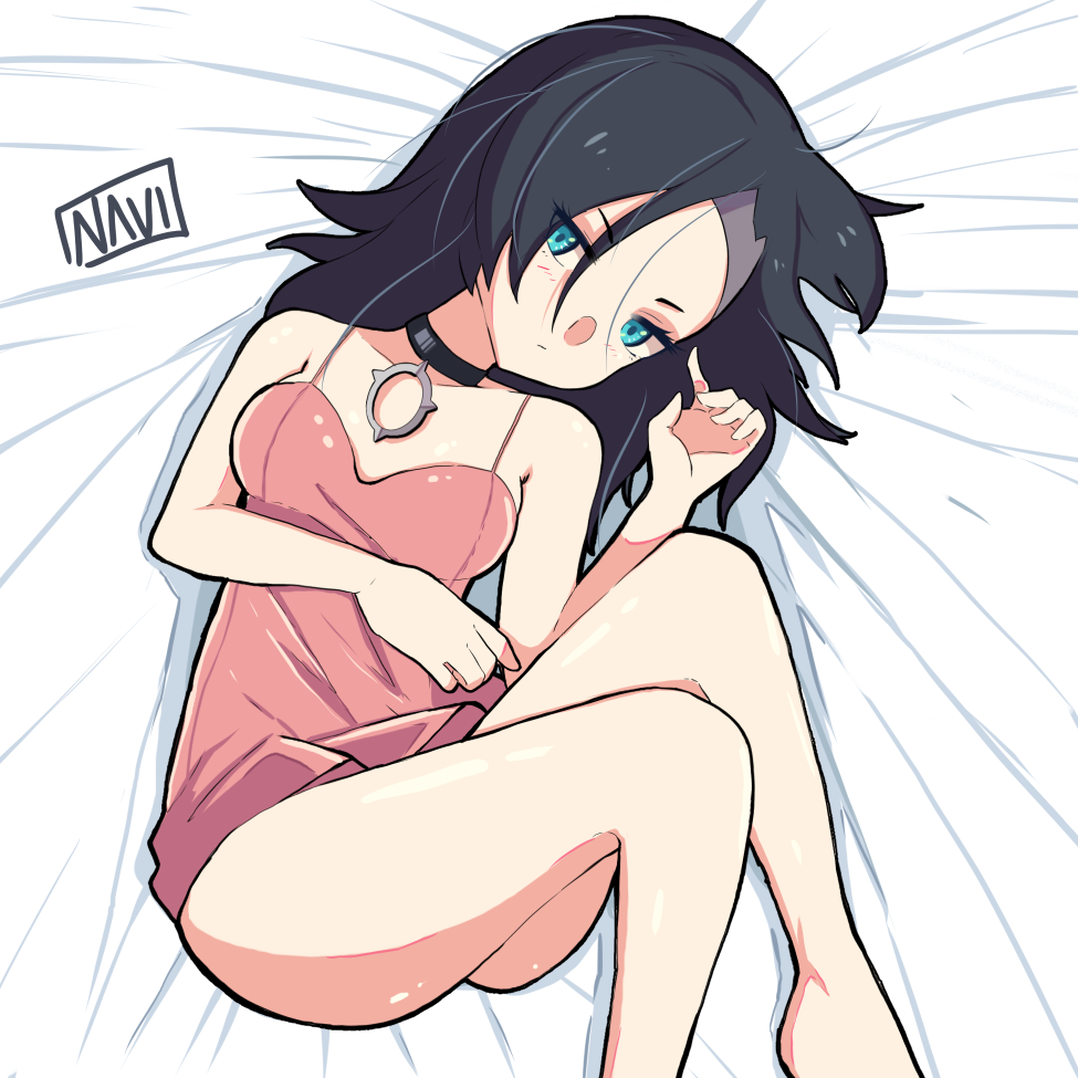 1girls black_hair blue_eyes collar female in_bed marnie_(pokemon) navietta naviettart nightie pokemon pokemon_ss solo