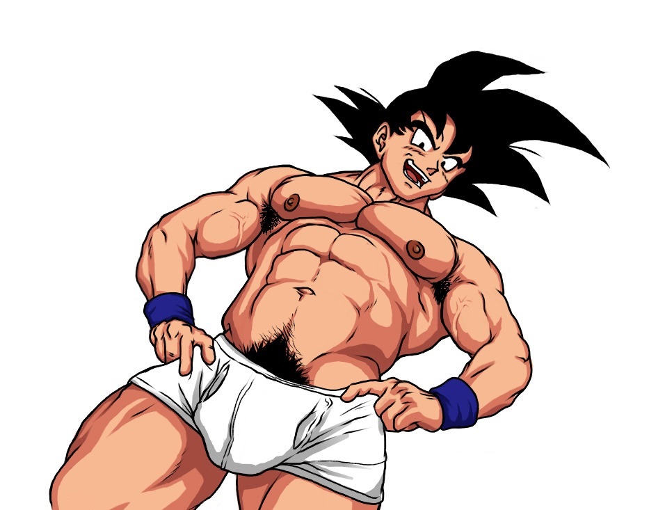 armpit hair, body hair, bulge, dragon ball, dragon ball z, hand on hip, looking at viewer, looking down, male, male focus, male only, muscles, muscular, muscular male, naughty face, pecs, pectorals, pubes, pubic hair, solo, son goku, underwear, white underwear