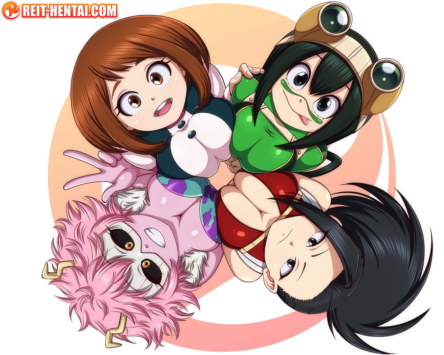 4:3, 4girls, big breasts, black eyes, black hair, black sclera, black-haired female, bodysuit, breast press, breasts, brown eyes, brown hair, brown-haired female, busty, cleavage, clothed, clothed female, female, female only, froppy, green hair, green-haired female, group, hero outfit (mha), horns, human, human female, leotard, light-skinned female, looking at viewer, looking up, mina ashido, momo yaoyorozu, momo yaoyorozu (hero outfit), multiple females, multiple girls, my hero academia, ochako uraraka, pink hair, pink skin, pink-haired female, reit, short hair, shounen jump, superhero costume, superheroine, teenage female, teenager, tight clothing, tsuyu asui, watermark, white background, yellow eyes