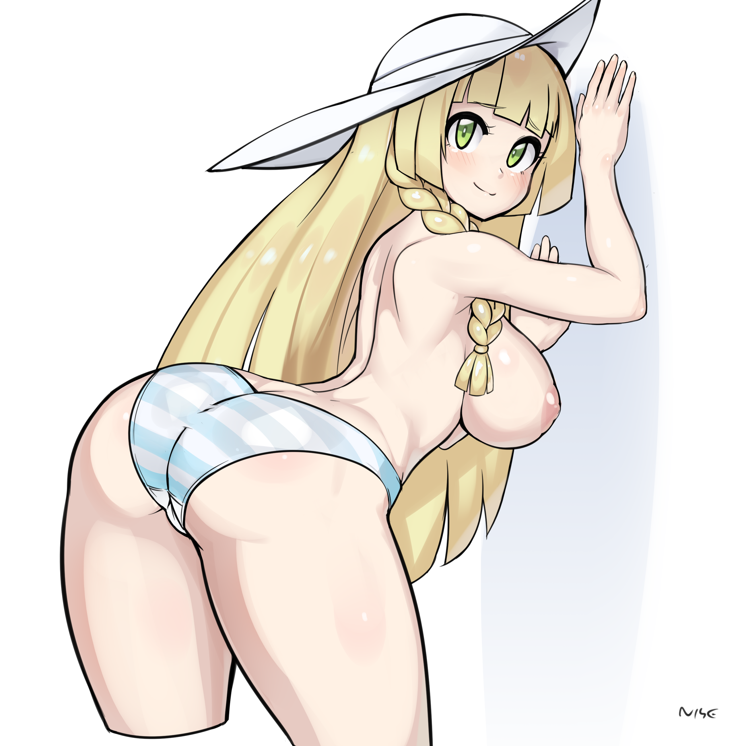 1:1, 1girls, against wall, alternate breast size, areolae, ass, ass cleavage, ass crack, big ass, big breasts, blonde hair, braided hair, breasts, butt crack, female, green eyes, hat, high resolution, human, large breasts, light skin, light-skinned female, lillie (pokemon), long hair, nintendo, nipples, nisetanaka, nisetanaqa, pale skin, pale-skinned female, panties, pokemon, pokemon sm, shimapan, solo, straight hair, thick ass, thick thighs, thighs, topless, underwear, white background, wide hips