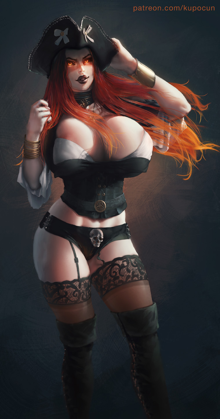 1girls, big breasts, breasts, cleavage, female, female only, huge breasts, jessenia (gazukull), kupocun, large breasts, looking at viewer, pirate, pirate hat, solo, stockings, thigh boots, thighhighs