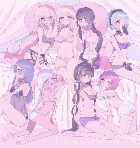 6+girls ahoge akamatsu_kaede big_breasts blonde_hair blue_eyes blue_hair blush chabashira_tenko danganronpa danganronpa_v3 dark_hair glasses gloves gray_hair green_eyes green_hair harem harukawa_maki iruma_miu long_hair looking_at_viewer maid_cap medium_breasts multiple_girls new_danganronpa_v3 pillow pink_theme purple_eyes red_eyes red_hair shirogane_tsumugi short_hair sketch_(artist) small_breasts smile socks take_your_pick toujou_kirumi twintails underwear white_hair yonaga_angie yumeno_himiko