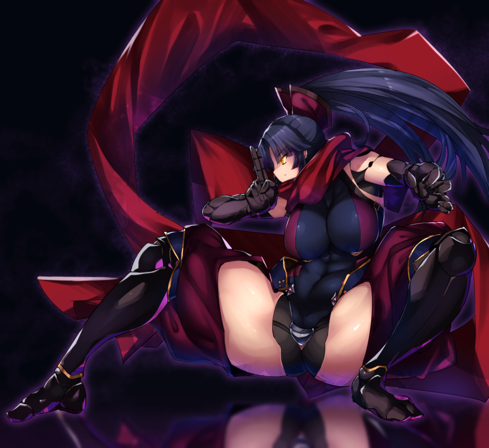 1girls, black background, black hair, fate (series), fate/grand order, female, katou danzou (fate), long hair, mechanical arm, milf, ninja, pose, robot, robot girl, robot humanoid, robotic arm, sekiyu (spartan), spread legs, thick thighs, yellow eyes