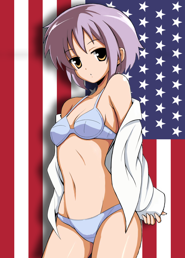 american_flag bangs blue_bra blue_panties bra breasts brown_eyes commentary_request cowboy_shot crotch_seam dress_shirt eyebrows_visible_through_hair female long_sleeves looking_at_viewer nagato_yuki no_pants off_shoulder panties parted_lips purple_hair ritsuo_(ti4auc) shadow shirt short_hair small_breasts solo standing suzumiya_haruhi_no_yuuutsu underwear white_shirt