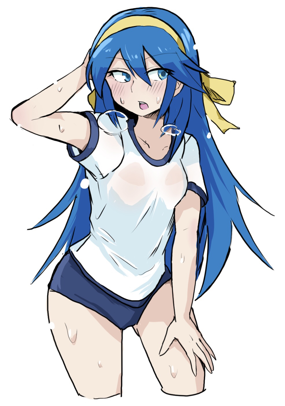 1girls 2019 arm_up bare_arms blue_eyes blue_hair blush bow breasts buruma eyebrows_visible_through_hair eyes_visible_through_hair female female_only fire_emblem fire_emblem_awakening gym_uniform hair_between_eyes hair_ribbon hairband hand_on_leg highres long_hair lucina_(fire_emblem) matching_hair/eyes nintendo open_mouth ribbon see-through simple_background small_breasts smell solo standing sweat sweating sweaty teeth thighs tongue very_long_hair wet wet_clothes white-stew white_background yellow_hairband