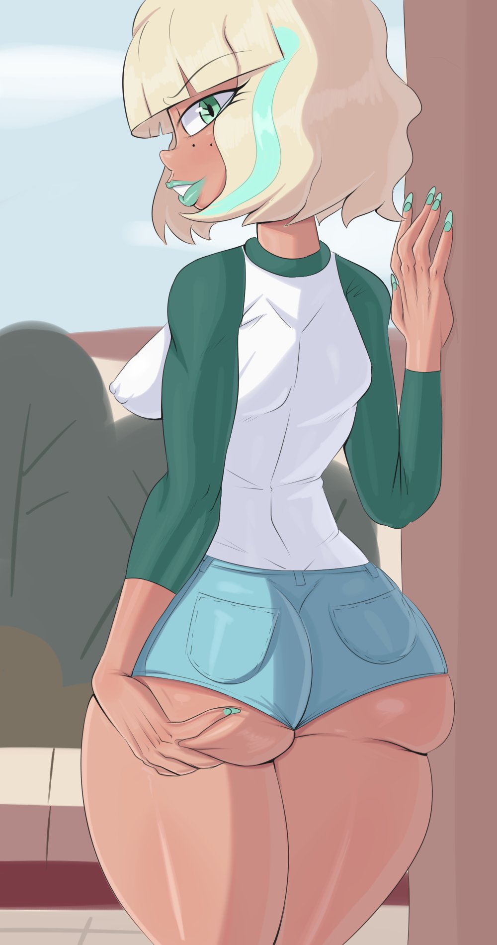 1girls, ass, ass grab, ass hanging out, ass hanging out of shorts, big ass, big butt, bottom heavy, breasts, bubble ass, bubble butt, disney, disney channel, disney xd, fat ass, female, female only, grabbing own ass, green eyes, jackie lynn thomas, large ass, lips, lipstick, looking at viewer, looking back, nails, short hair, shorts, solo, star vs the forces of evil, straight hair, tan-skinned female, tayuri, thick ass, thick thighs, thighs, white female, wide hips