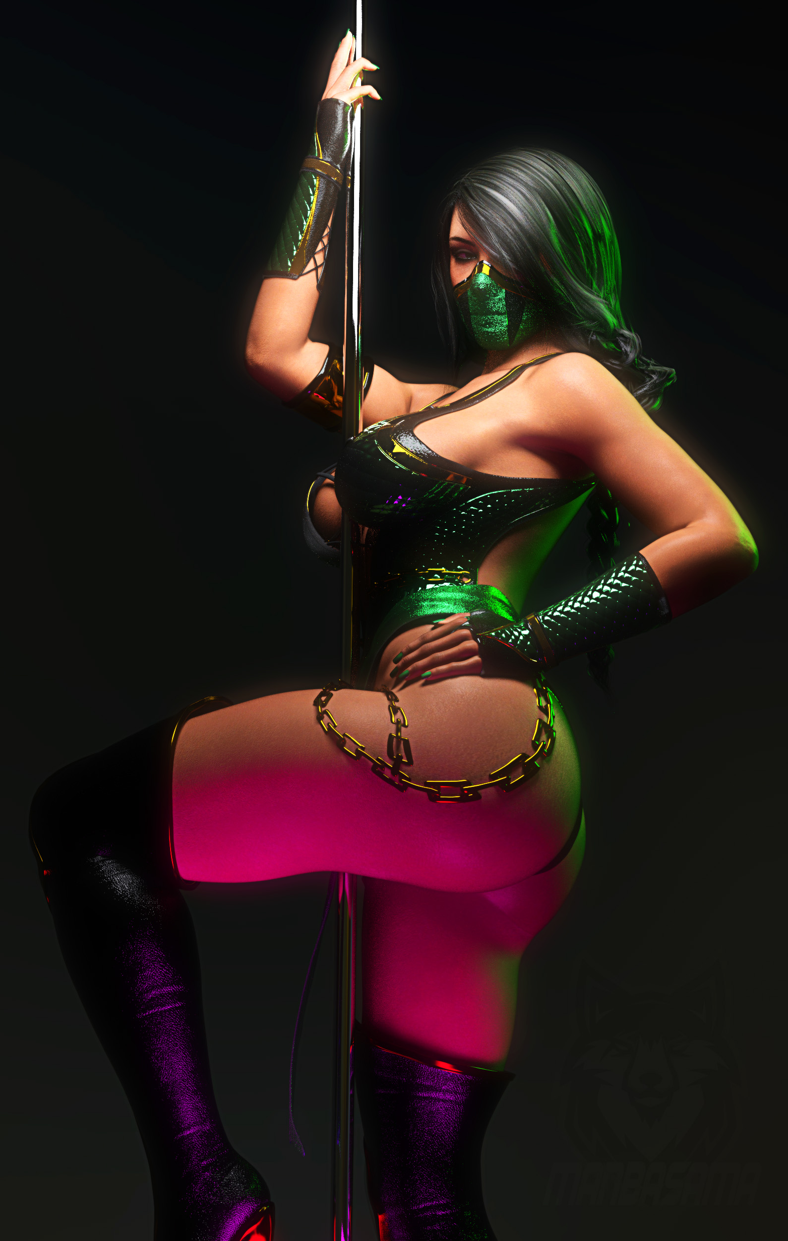 1girls, 3d, 3d (artwork), armband, ass, between breasts, black background, black hair, bodysuit, boots, breasts, chains, daz studio, daz3d, female, female only, hair over one eye, hand on hip, high heels, jade (mk9), jade (mortal kombat), leotard, manbasama, mask, mortal kombat, mortal kombat (2011), nail polish, pole dancing, solo, thighs, watermark