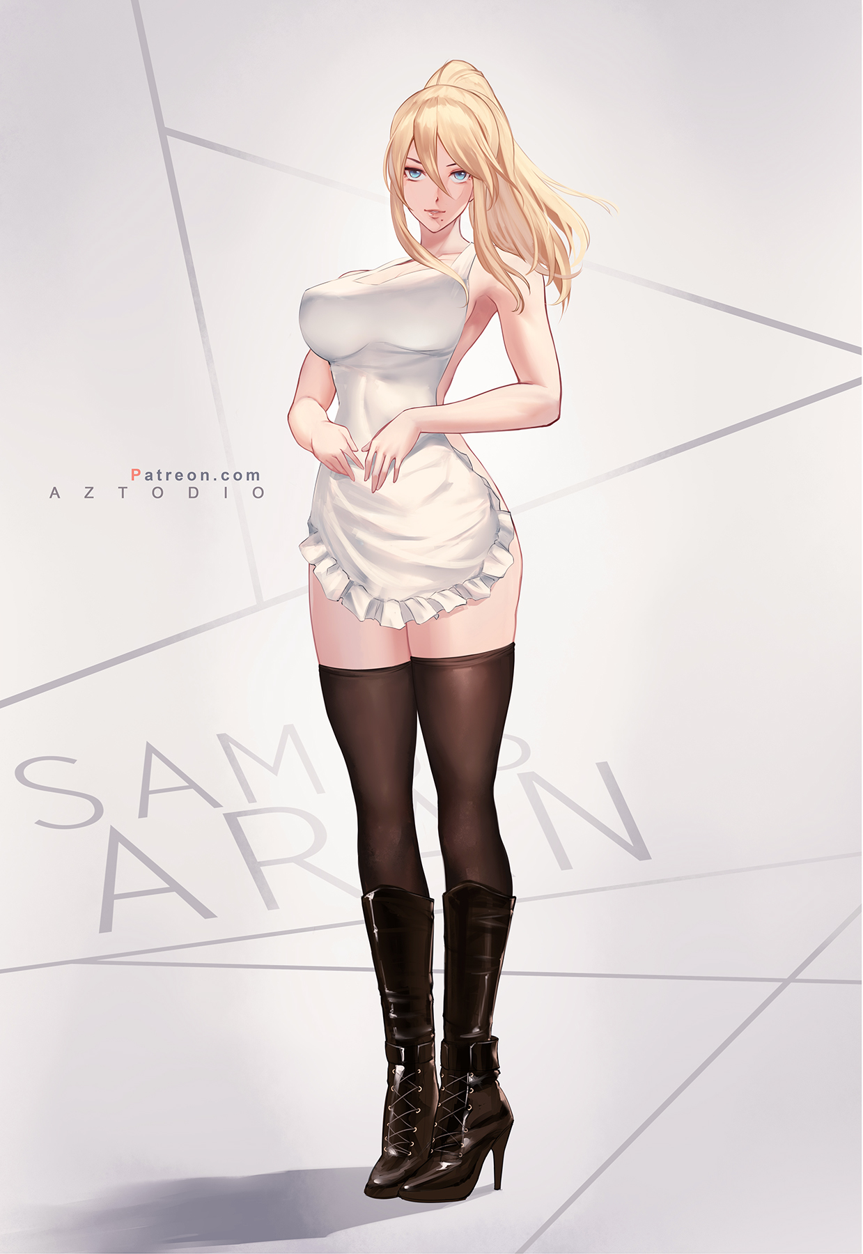 1girls, apron, azto dio, big breasts, blonde hair, blue eyes, breasts, female, female only, high heel boots, high heels, long hair, metroid, nintendo, nipples, samus aran, solo, solo focus, thighhigh boots, thighhighs