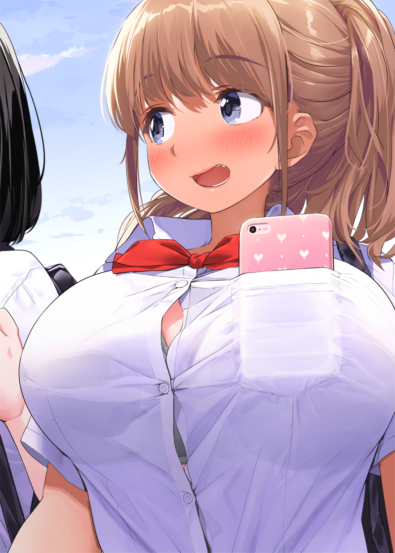 2020, 2girls, bangs, black bra, black hair, blue eyes, blue sky, blush, bow, bowtie, bra, bra peek, breast pocket, breasts, brown hair, cellphone, cloud, day, female, female only, highres, huge breasts, kaisen chuui, lips, long hair, multiple females, multiple girls, open mouth, original, outdoors, phone, pocket, red bow, school uniform, shirt, sky, smartphone, smile, solo focus, tan, teeth, tongue, underwear, upper body, white shirt