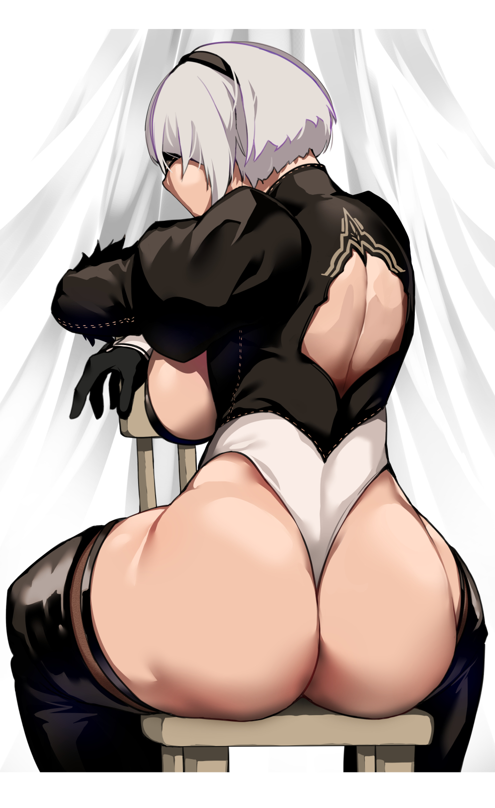 android ass_focus bakkanki big_breasts blindfold dat_ass emotionless expressionless female female_only leotard nier nier:_automata short_hair thighhigh_boots thighhighs white_hair yorha_2b