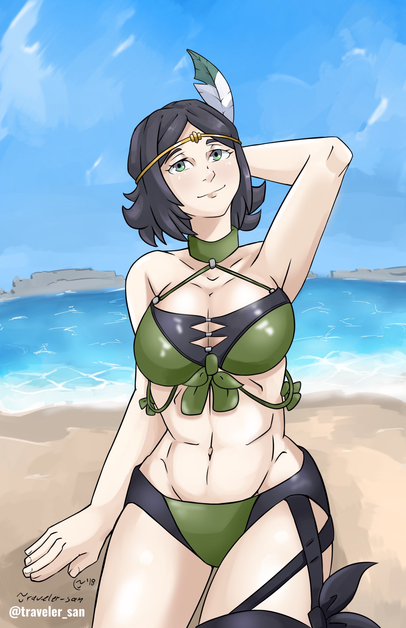 1girls abs alternate_costume bare_arms beach big_breasts bikini black_hair claraspregs feathers female fire_emblem fire_emblem_awakening fire_emblem_heroes green_bikini green_eyes large_breasts looking_at_viewer muscular muscular_female nintendo noire_(fire_emblem) noire_(summer)_(fire_emblem) sea seaside short_black_hair sky swimsuit thick_thighs water wide_hips