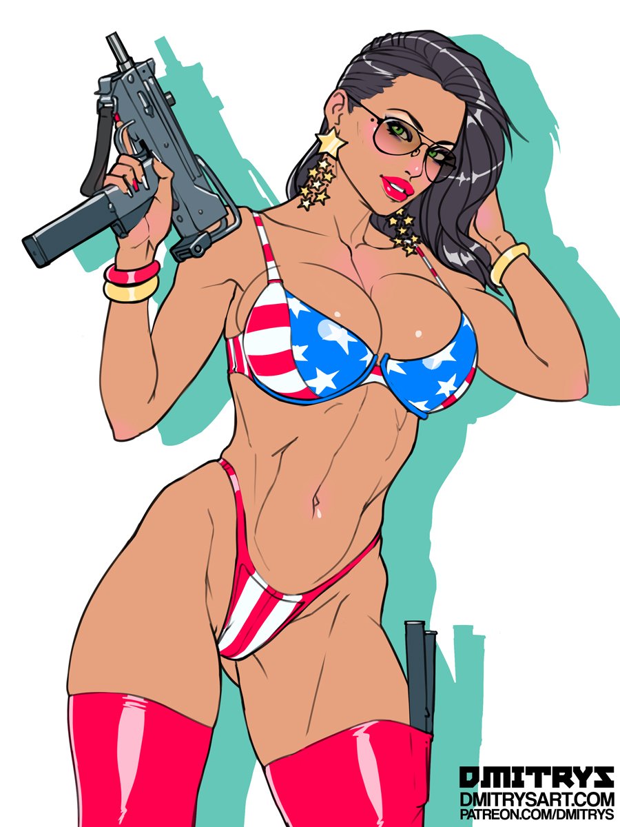 1girls abs american_flag american_flag_bikini aviator_sunglasses bikini breasts cleavage dmitrys elodie_(dmitrys) female gun huge_breasts mac-10 machine_gun muscular_female naughty_face seductive seductive_smile smile solo star_earrings sunglasses swimsuit thick_thighs tinted_eyewear weapon