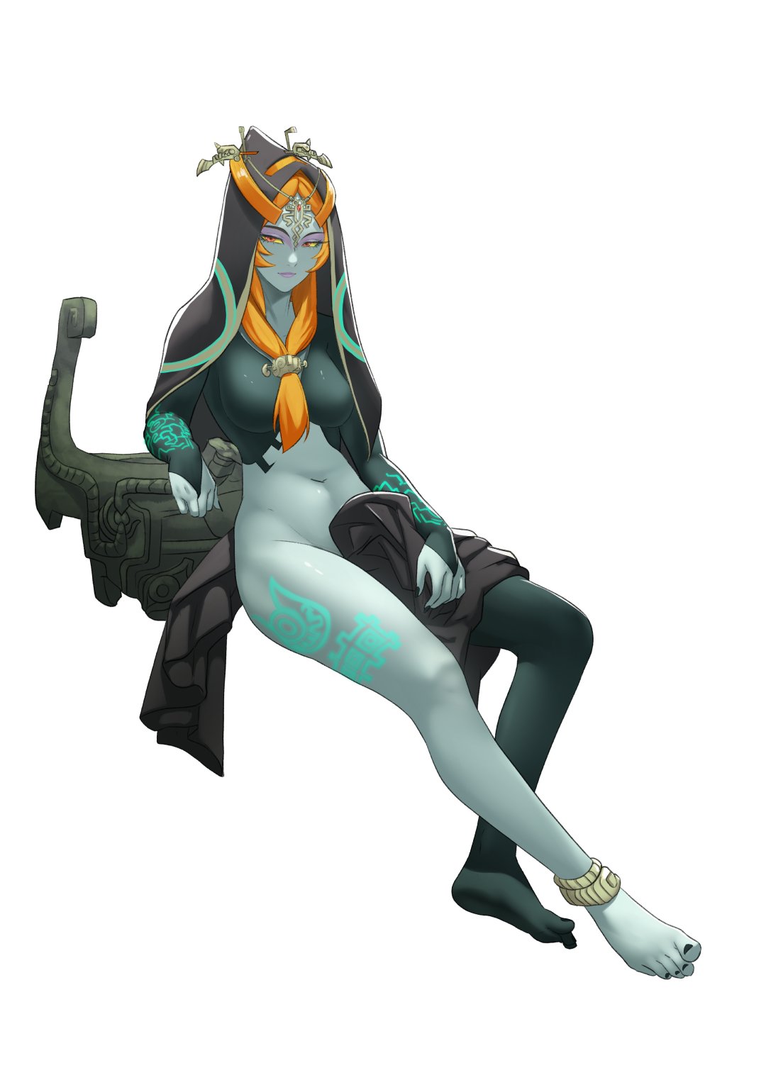 1girls, 5 toes, bare legs, black nails, breasts, completely nude, female, female only, large breasts, legs, long hair, midna, nail polish, nintendo, nude, nude female, orange hair, pomelomelon, red eyes, smile, solo, the legend of zelda, toes, twili midna, twilight princess
