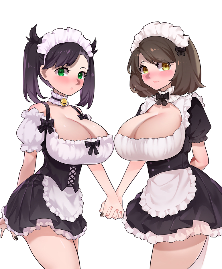 2girls, aged up, alternate breast size, big breasts, black hair, black nails, breasts, brown hair, eye contact, female, female only, fully clothed, gloria (pokemon), green eyes, huge breasts, human, human only, large breasts, light skin, light-skinned female, looking at viewer, maid, maid headdress, maid uniform, marnie (pokemon), nail polish, nintendo, pale skin, pale-skinned female, pokemon, pokemon ss, short hair, sumisumii, thick thighs, thighs, twintails, white background, yellow eyes