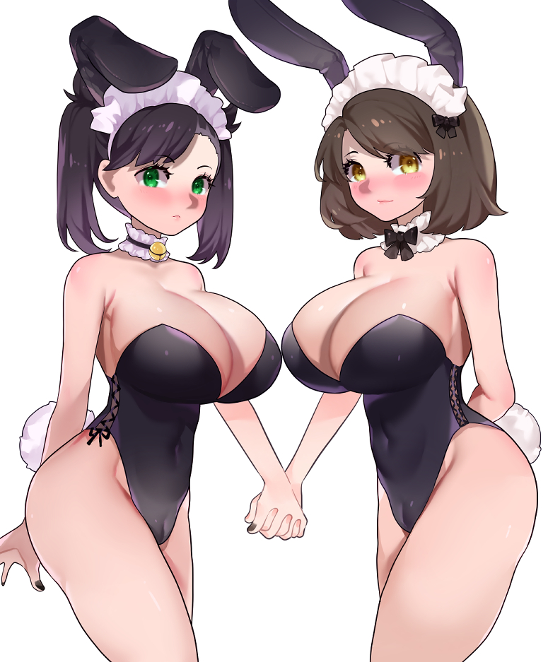 2girls aged_up alternate_version_available big_breasts black_hair black_nails brown_hair bunny_ears bunny_tail bunnysuit eye_contact female female_only gloria_(pokemon) green_eyes huge_breasts human human_only large_breasts leotard looking_at_viewer marnie_(pokemon) nintendo pale-skinned_female pale_skin pokemon pokemon_ss short_hair sumisumii thick_thighs thighs twintails white_background yellow_eyes