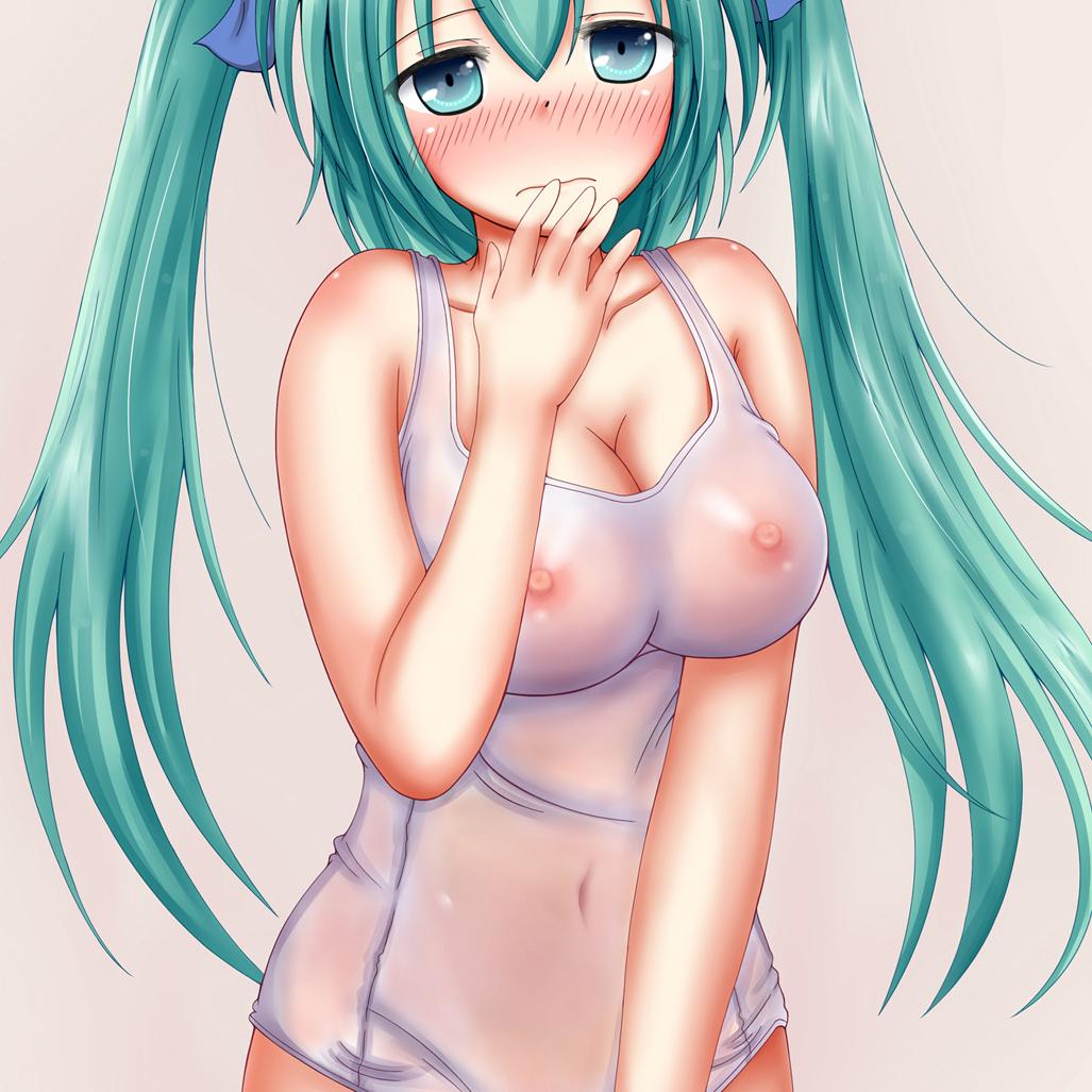 1girl, 1girls, aqua eyes, aqua hair, areola, belly, belly button, big breasts, blush, breasts, breasts visible through clothing, embarrassed, exhibitionism, female, green eyes, green hair, hair ribbon, hatsune miku, horny, large breasts, long hair, looking at viewer, nipples, nipples visible through clothing, one-piece swimsuit, ribbon, school swimsuit, see-through, see-through clothing, see-through swimsuit, slender waist, solo, swimsuit, twintails, vocaloid, white one-piece swimsuit