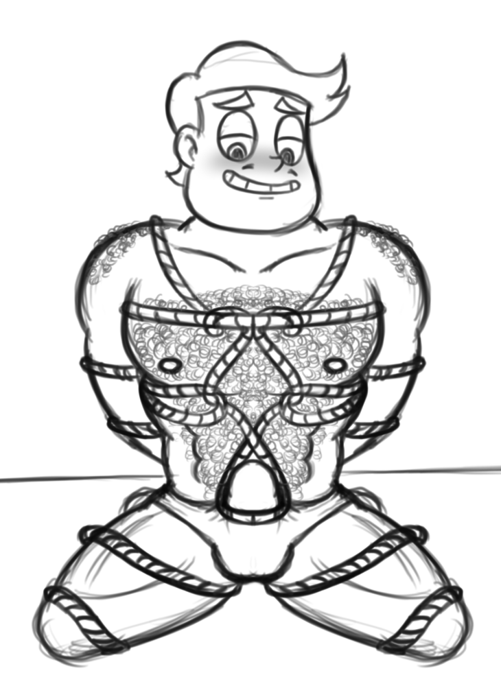 1boy 1male blush body_hair bondage bulge burlydan erection facial_hair male male_only muscles penis rafael_diaz sketch smile solo solo_male star_vs_the_forces_of_evil sweat sweaty