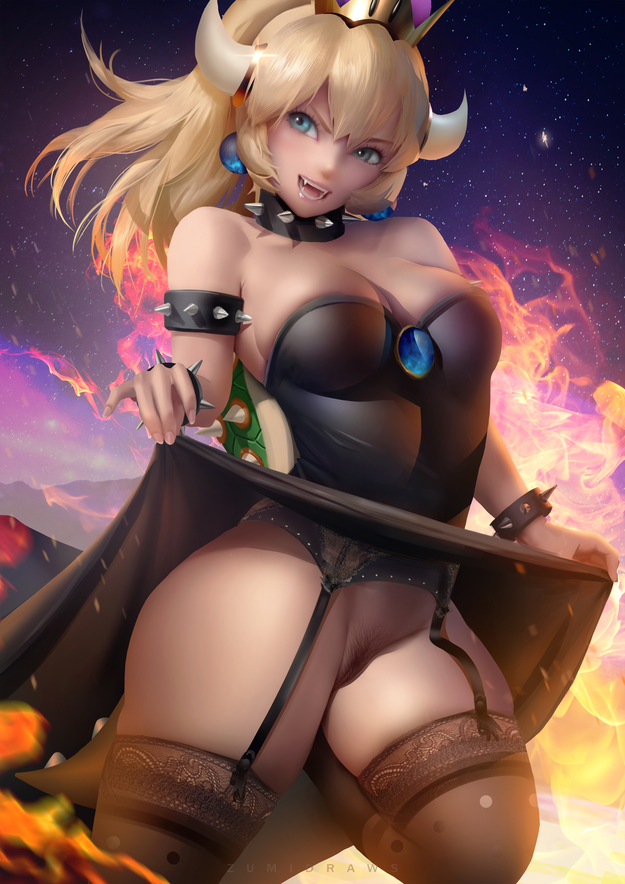 bowsette, female, garter straps, genderswap, hairy pussy, mario (series), new super mario bros. u deluxe, nintendo, pubic hair, pussy, rule 63, tagme, thighhighs, zumi