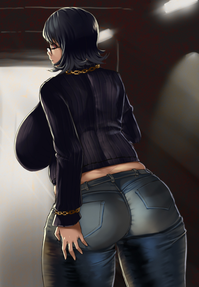 1girls big_ass big_breasts black_hair breasts curvy female female_only huge_ass huge_breasts human hunter_x_hunter jeans pale-skinned_female pale_skin phantom_troupe saint_(artist) shizuku_murasaki short_hair shounen_jump solo solo_female solo_focus thick_thighs villainess wide_hips