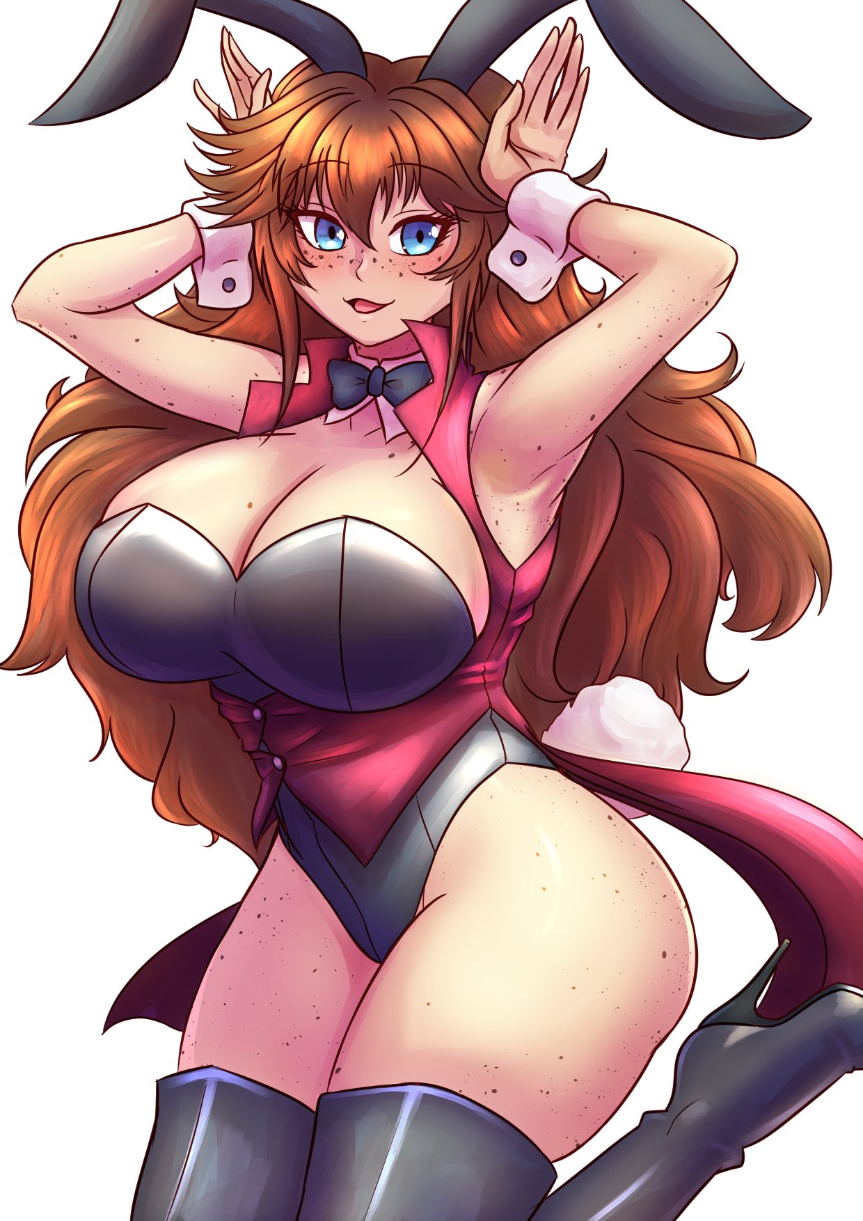 big_breasts brown_eyes brown_hair bunny_ears bunny_girl bunnysuit emily_(willanator) female female_only freckled_breasts freckles high_heel_boots high_heels long_hair original_character solo solo_female solo_focus thighhigh_boots thighhighs willanator