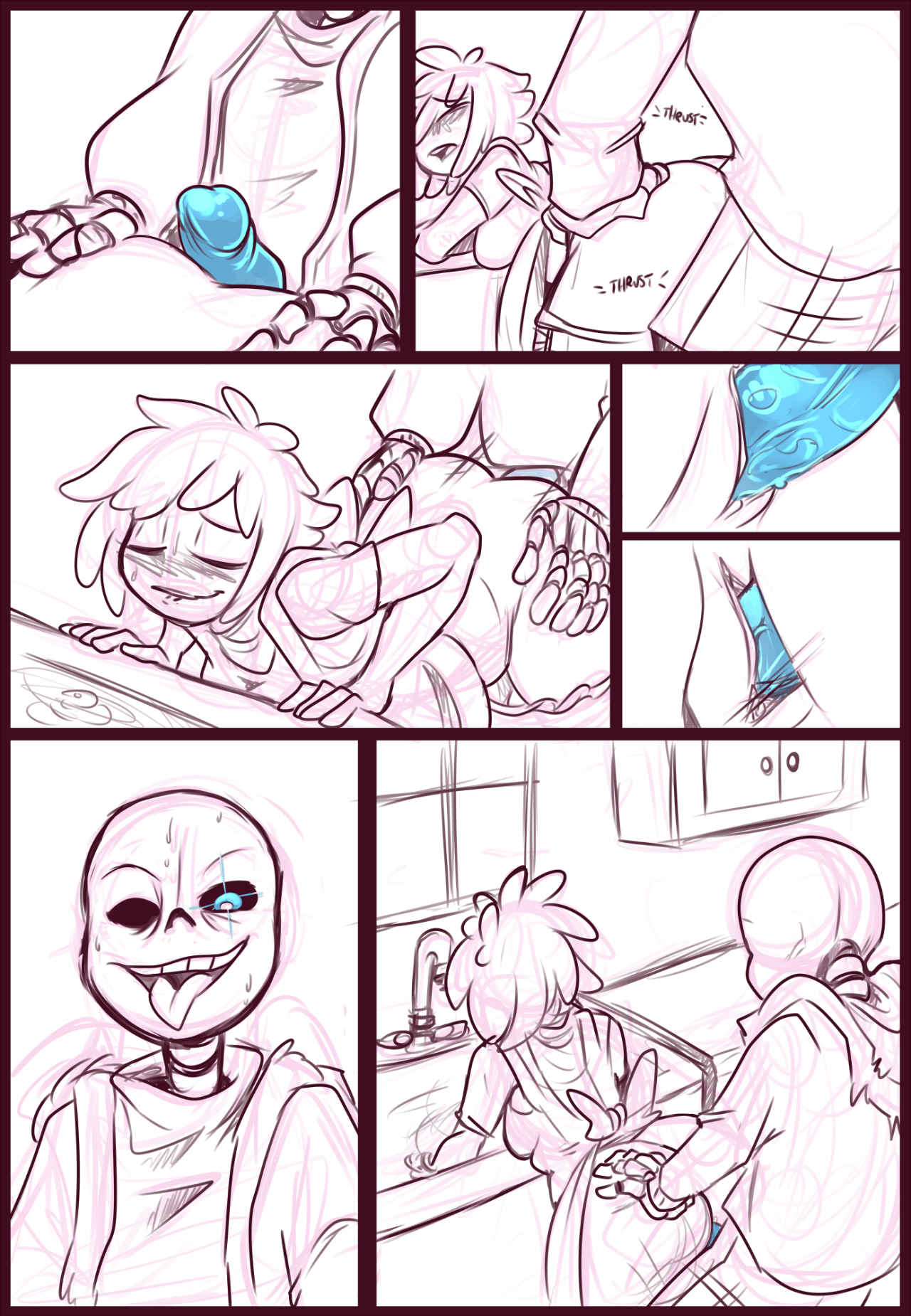1boy, 1girls, blue penis, comic, ectopenis, female, female frisk, female human, female penetrated, frisk, human, kayla-na, male, male penetrating, male penetrating female, male/female, near monochrome, penis, sans, sketch, straight, tagme, undertale