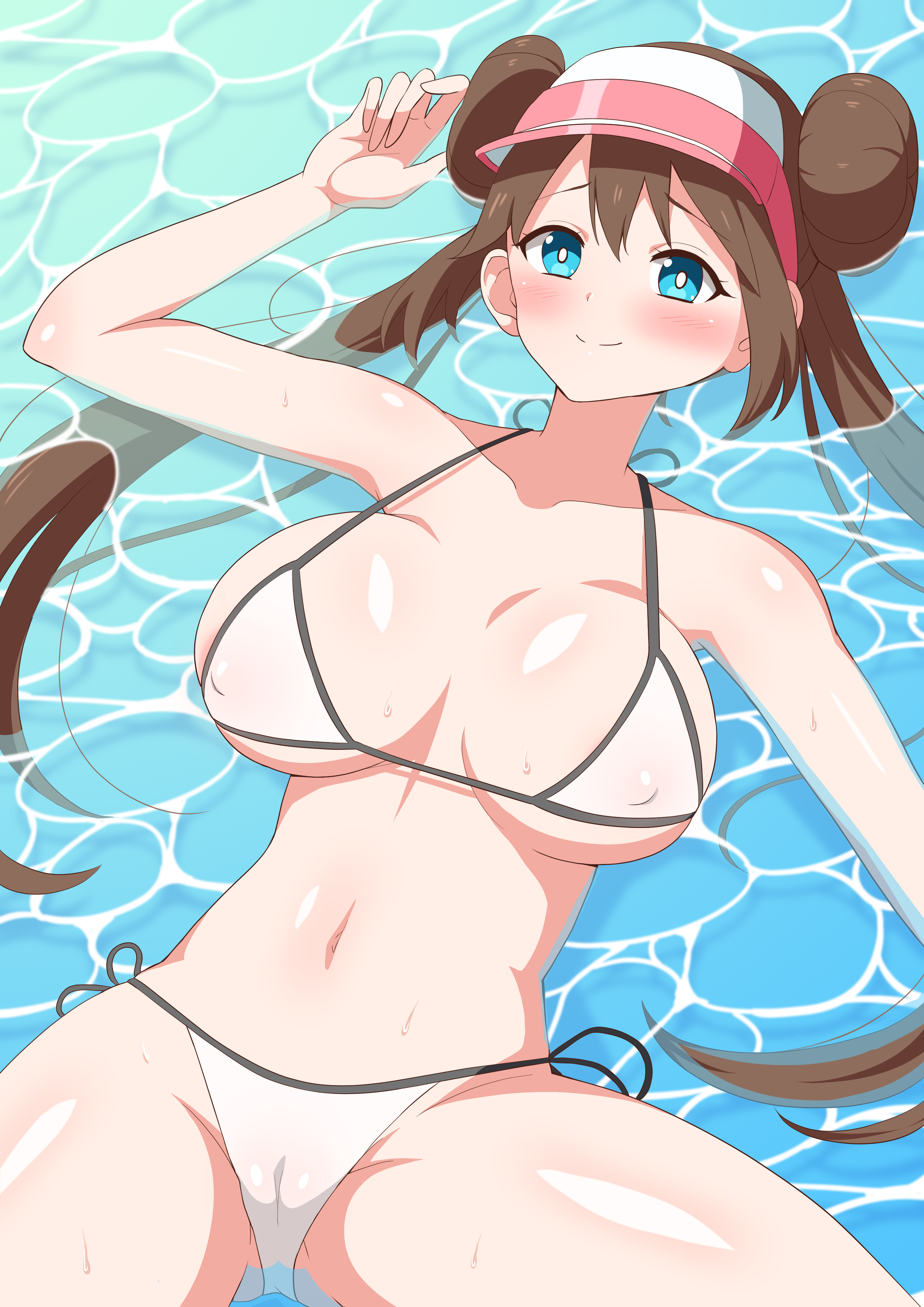 1girls, aikome (haikome), big breasts, bikini, blue eyes, blush, breasts, brown hair, cameltoe, double bun, eye contact, female, haikome, hat, human, large breasts, light skin, light-skinned female, looking at viewer, nintendo, nipple slip, pale skin, pale-skinned female, pokemon, pokemon bw2, pussy, pussy visible through clothes, rosa (pokemon), thick thighs, thighs, twintails