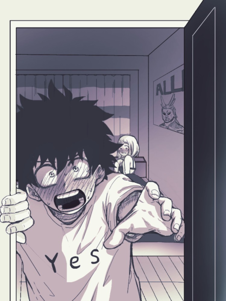 1boy 1boy1girl 1girls all_might all_might_face bed bedroom blush bra caught couple covering covering_breasts curtains door doorway dorm female green_eyes green_hair hand horoyoi_(kkcp4442) izuku_midoriya male my_hero_academia ochako_uraraka open_mouth room shirt shocked shocked_expression teeth toshinori_yagi