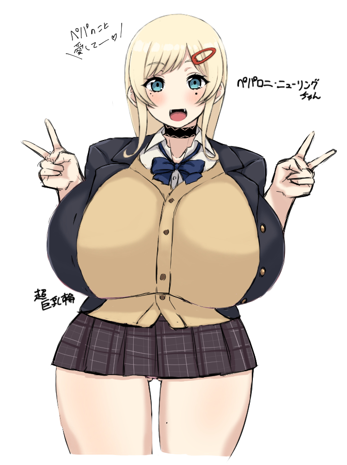 big_breasts blonde_hair blue_eyes clothed female huge_breasts japanese_text muramo school_uniform solo tagme v white_background