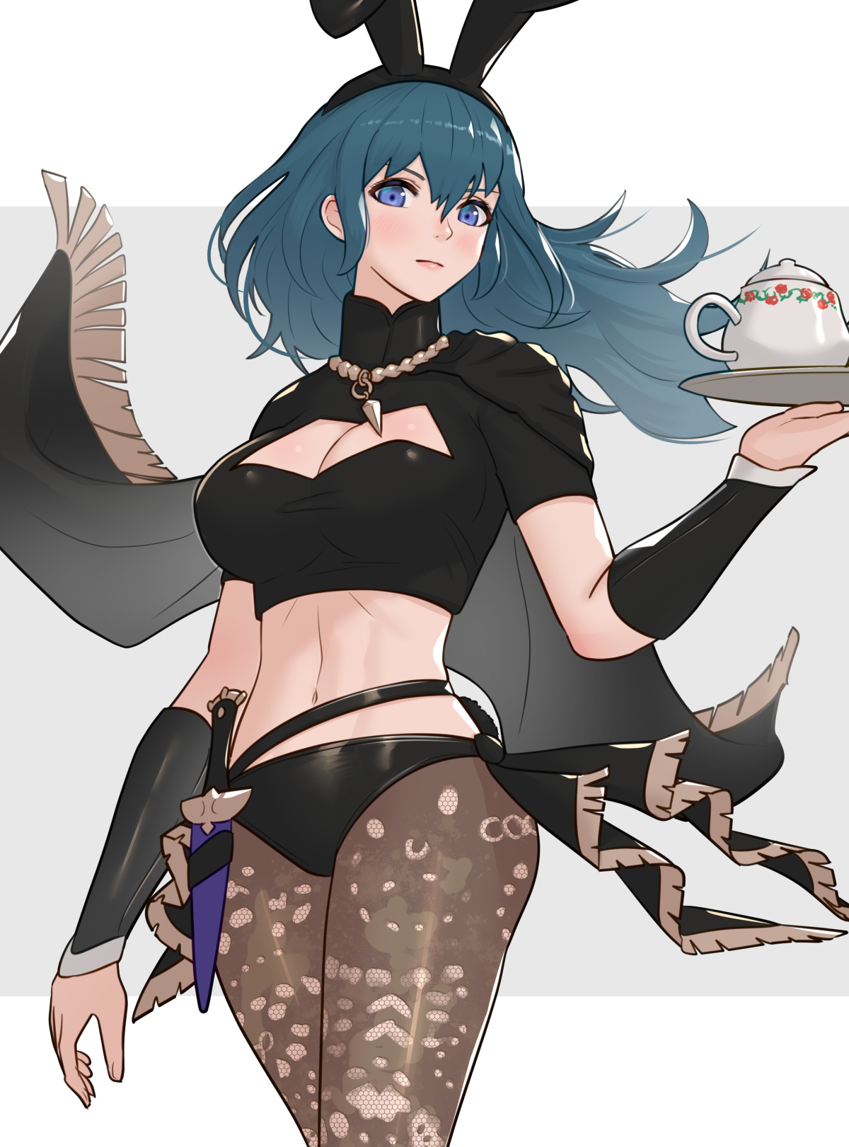 1girls, animal ears, bangs, blue eyes, blue hair, breasts, bunny ears, byleth (fire emblem), byleth (fire emblem) (female), female, fire emblem, fire emblem heroes, fire emblem: three houses, gonzarez, hair ornament, highres, lace, large breasts, legwear, long hair, looking at viewer, low-angle view, medium hair, midriff, navel, nintendo, pantyhose, short hair, simple background, solo, tea, white background