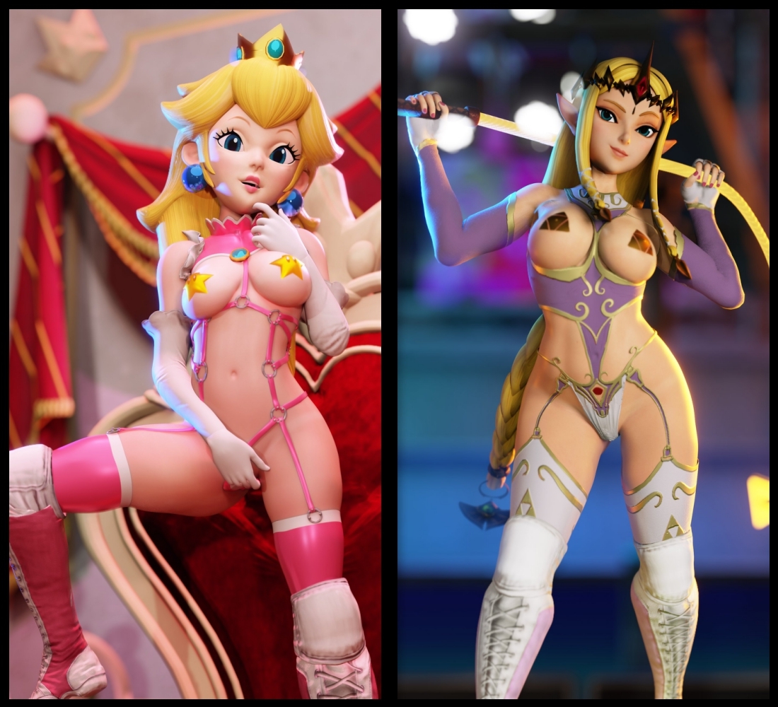 2girls, 3d, adapted costume, alternate costume, blonde hair, breasts, busty, clothing, crisisbeat, crossover, death battle, female, female only, holding pussy, hourglass figure, hyrule warriors, light skin, light-skinned female, mario (series), medium breasts, nintendo, partially clothed, princess, princess peach, princess zelda, pussy, pussy hold, royalty, skimpy, skimpy clothes, super mario bros., super smash bros., the legend of zelda, touching pussy, voluptuous, white body, zelda (hyrule warriors)