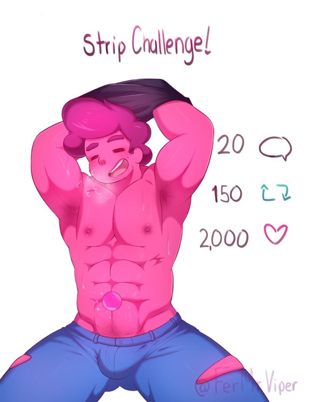 abs, arm behind head, arms up, artist name, biceps, black shirt, blue pants, bottomwear, breath, bulge, chad steven, closed eyes, clothed male, clothes removed, erect nipples, fermrviper, gay, legwear, male, male focus, male only, muscular, muscular male, muscular thighs, nipples, open mouth, pants, partially clothed, pecs, pink, pink body, pink eyes, pink hair, pink skin, pink steven, pubic hair, simple background, solo male, steven quartz universe, steven quartz universe (fermrviper), steven universe, steven universe future, strip game, taking clothes off, thick thighs, tight clothing, topless, topwear, topwear lift, torn clothes, torn legwear, undressing