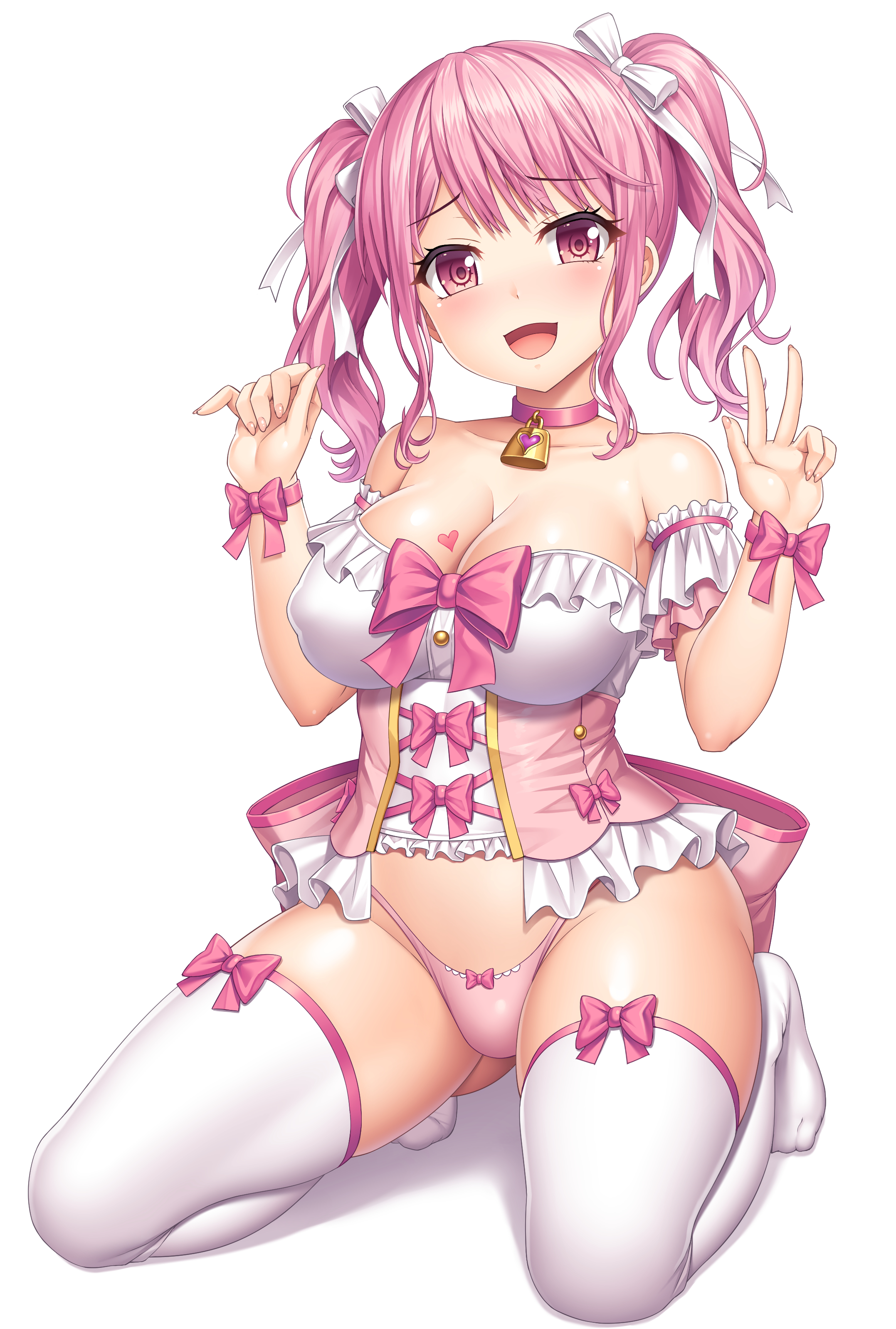 :d, bang dream!, bell, bell choker, bow, bow panties, breast tattoo, breasts, choker, cleavage, erect nipples, erect nipples under clothes, eyebrows visible through hair, female, full body, hair ornament, hair ribbon, heart tattoo, high resolution, kneeling, lambda (kusowarota), large breasts, looking at viewer, maruyama aya, nipples, open mouth, pantsu, pink bow, pink choker, pink eyes, pink hair, pink panties, ribbon, simple background, smile, solo, tattoo, thighhighs, underwear, v, very high resolution, white background, white legwear, white ribbon, wrist bow