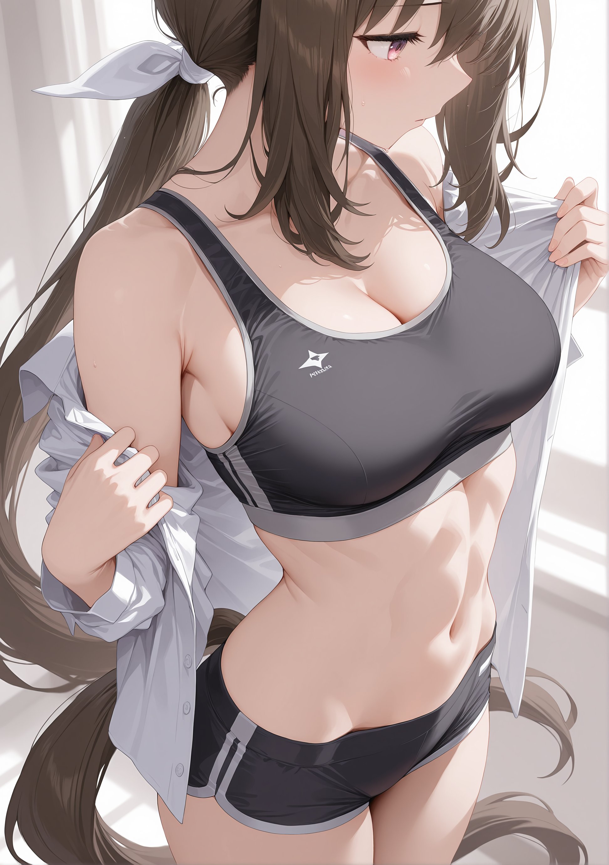 1girls, admire vega (umamusume), ai generated, belly, brown eyes, brown hair, cleavage, horse girl, long hair, medium breasts, sports bra, umamusume