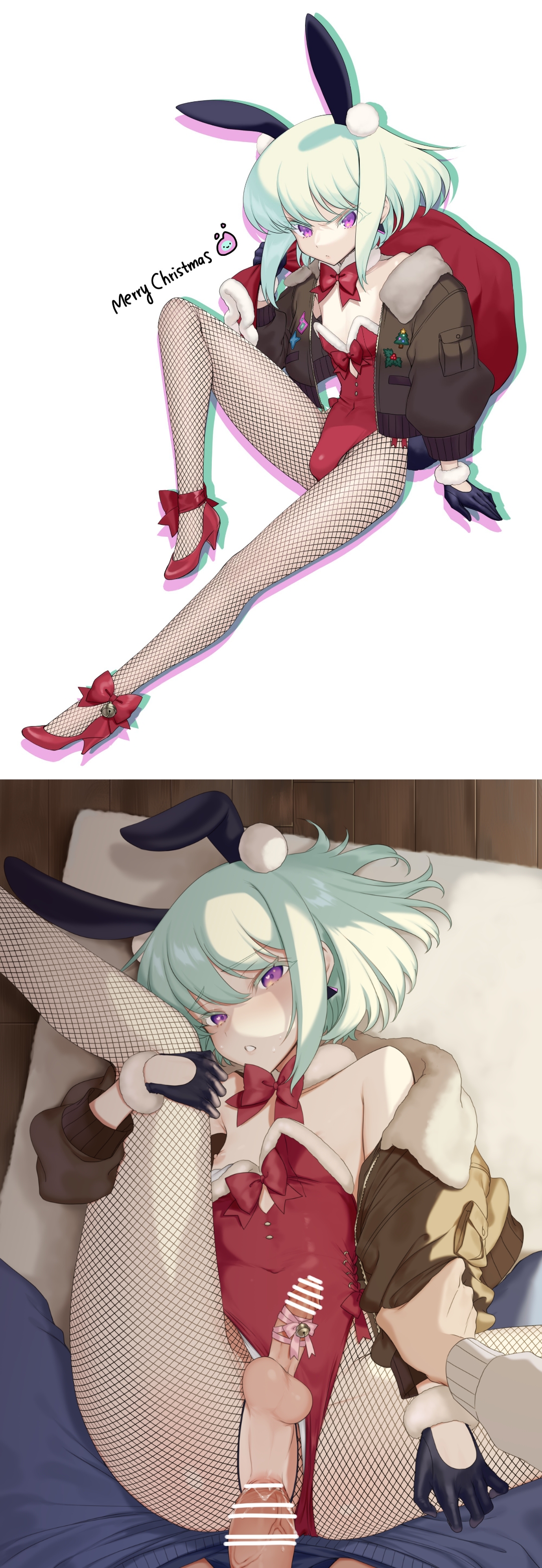 1boy, 2boys, anal, anal sex, blush, bob cut, bulge, bulge through clothing, bunny ears, bunny tail, bunnysuit, burrrntlemon, christmas, christmas outfit, clothed, clothing, crossdressing, fake animal ears, femboy, femboy focus, femboy penetrated, fishnets, galo thymos, gay, gay sex, heels, leotard, lio fotia, looking at viewer, male, meimone, nipples, petite, petite body, petite male, playboy bunny, pov, promare, short hair, slim, slim male, slim waist, solo focus, twink, yaoi