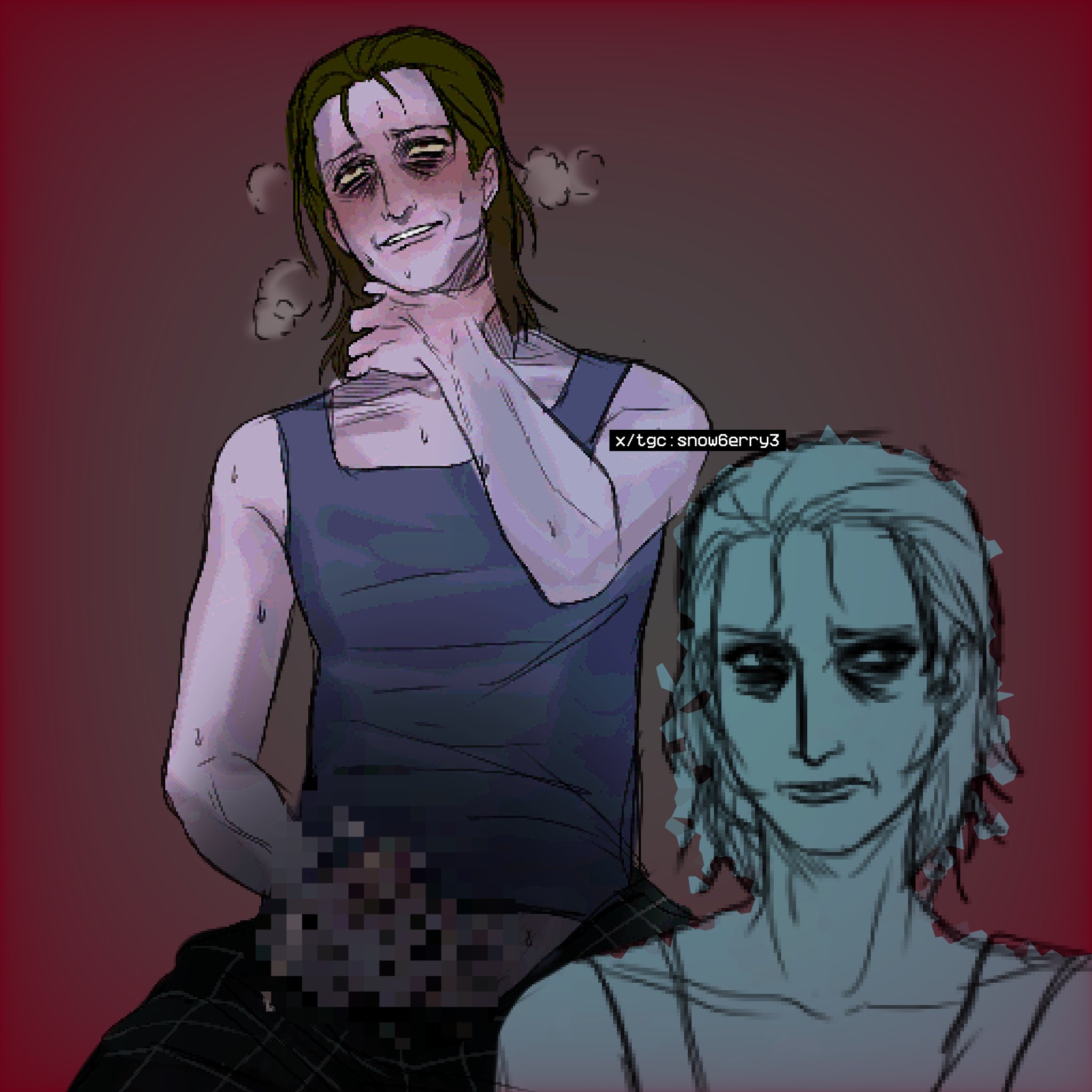 blush, censored, censored genitalia, censored penis, choking, creepy guy (no, i'm not a human), eyebags, fully clothed, incel, male only, masturbation, mosaic censoring, no, i'm not a human, panting, pants pulled down, self choke, snow6erry3, solo male