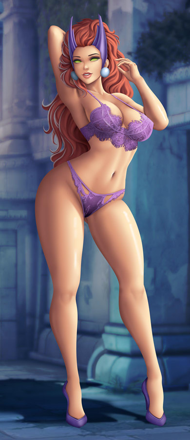 1girls belly_button big_breasts bra breasts cleavage curvy curvy_figure dc dc_comics earrings female female_only flowerxl green_eyes high_heels large_breasts lingerie long_hair long_legs luand'r milf panties purple_panties red_hair solo solo_female solo_focus tamaranean teen_titans thick_thighs wide_hips