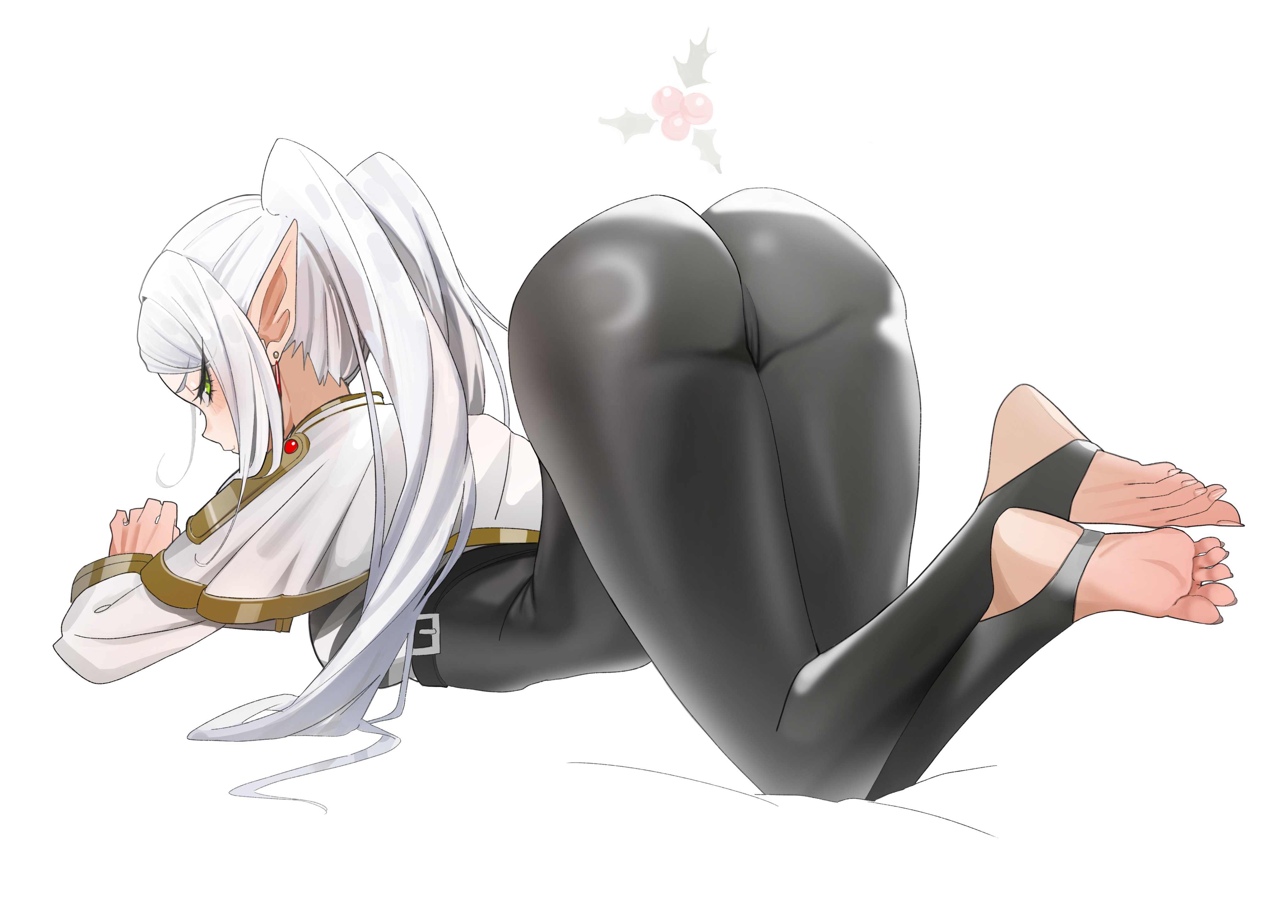 ass focus, blush, bodysuit, cameltoe, embarrassed, feet, feet up, frieren, from behind, huge ass, kiritzugu, looking back, mistletoe, soles, sousou no frieren, spats, stirrup legwear, toes